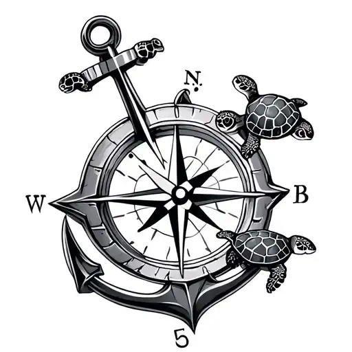 Nautical Compass Anchor And 5 Baby Sea Turtles