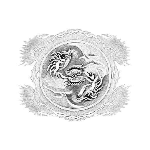 Dragon And Phoenix Around Yin Yang Lotus Mandala