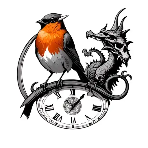 A English Robin On A Clock With A Dragon And Skull