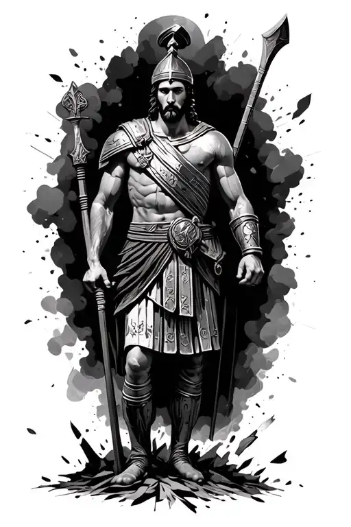 Greek Roman Soldier Standing Proudly Surrounded By Ashes Of War