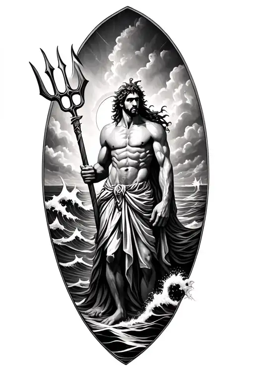 Poseidon With Trident With Waves Crashing In The Background