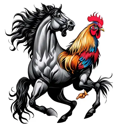 Rooster Fighting A Horse