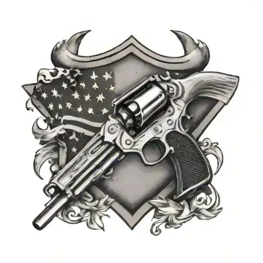 A Police Badge With Crossed Revolvers And An American Flag Background