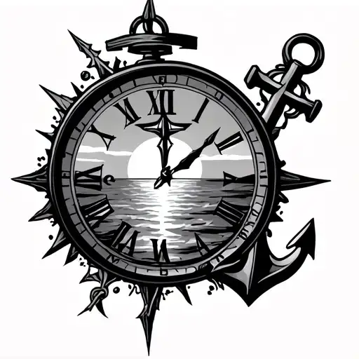 Sunset W Cross And Anchor And Compass With Broken Clock
