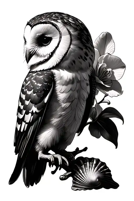 Barn Owl Perched On An Orchid Stem With A Seashell Along The Bottom