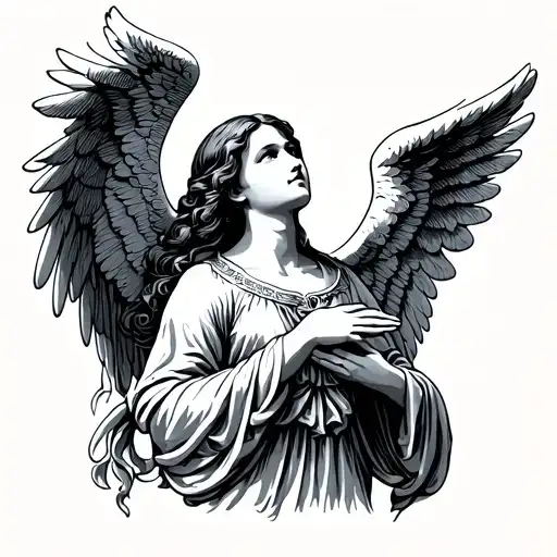 Angel Woman Slender Straight Hair Drooping Wings Looking Up Hands Up Shading Religious Engraving