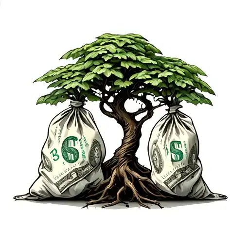 Bag Of Money Tree Growing Together Symbolizing