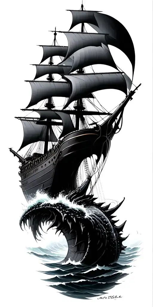 Priate Ship Sailing Through A Sea Monster