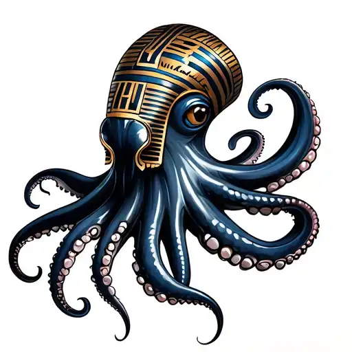 Realistic Egyptian Octopus Blue Black And Gold With Hieroglyphs On Head