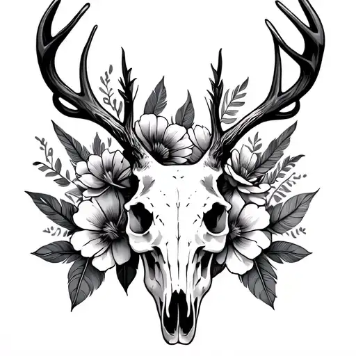 Deer Skull With Feathers And Flowers Blooming