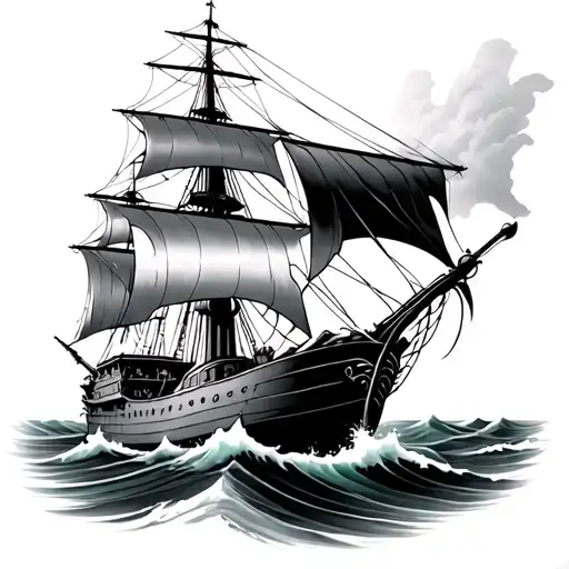 Pirate Ship In Waves With Uss Saratoga