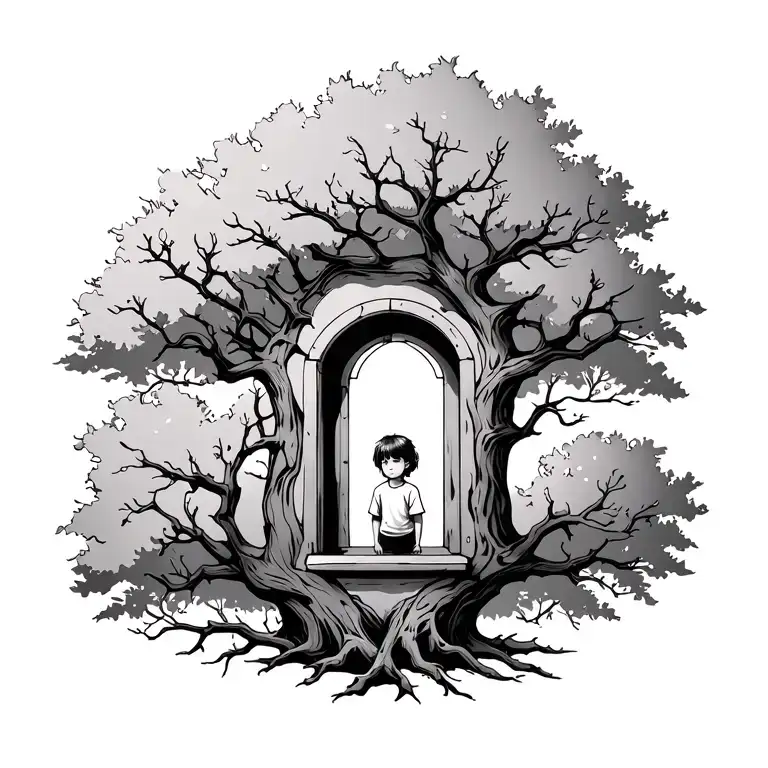A Tree With Branches That Make A Window With A Child Looking Out Of It