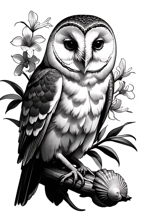 Barn Owl Perched On An Orchid Stem With A Seashell Along The Bottom