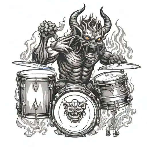 A Detailed Portrait Of A Demon Playing The Drums With Flames In The Background