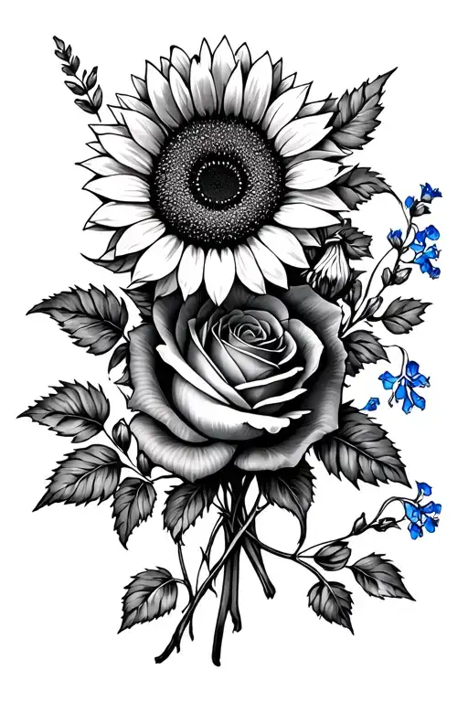 Bouquet With Sunflower Rose And Bluebells Intertwined