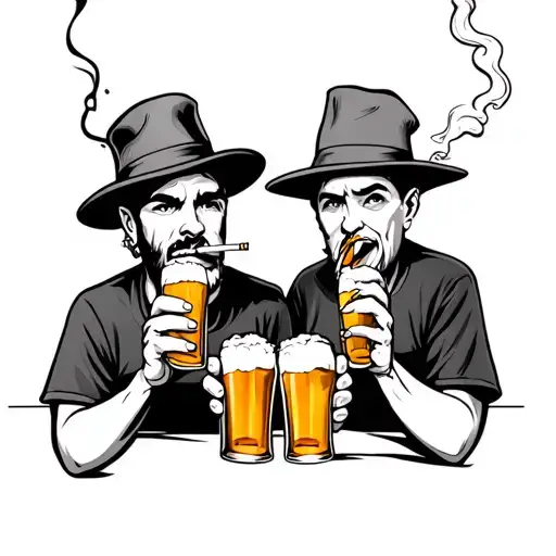 4 To 5 Funny Looking Characters Holding Beers Smoking Cigarettes