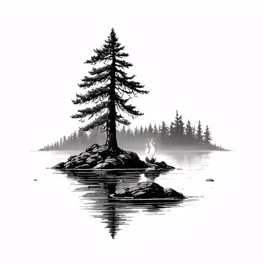 Trees On Edge Of Water With Small Fire On Edge Rocky Shore Surrounded By Woods