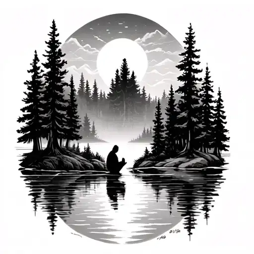 Small Forest Between One Lake With A Person Prayig To God With Him Above The Forest