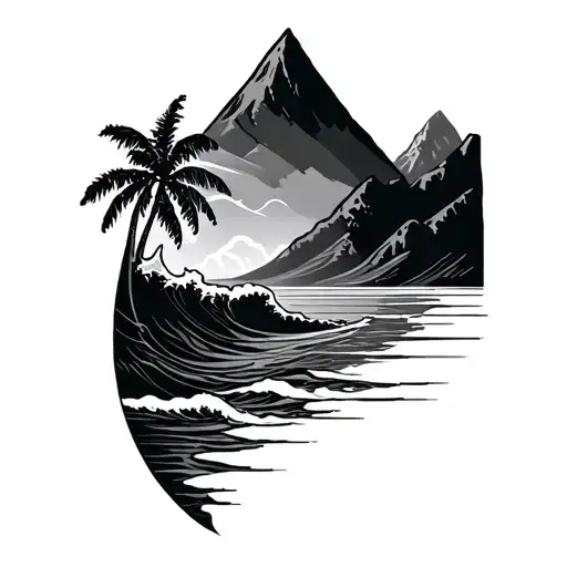 Mountain Ocean Waves Palm Tree