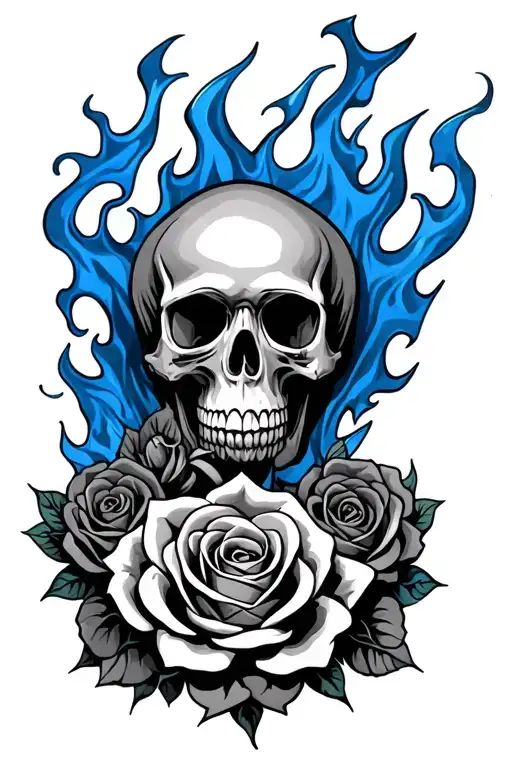 Blue Flames Skull Roses Entwined