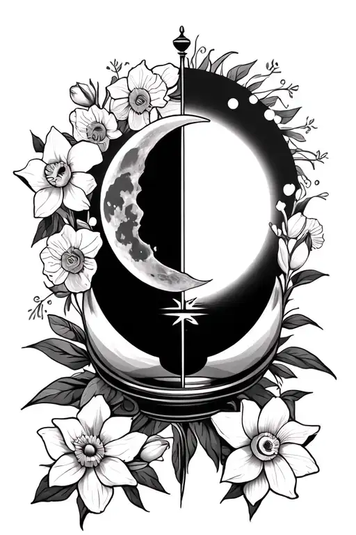 Sandtimer With A Moon And Sun In Each Half Surrounded By Daffodils And Roses Blooming