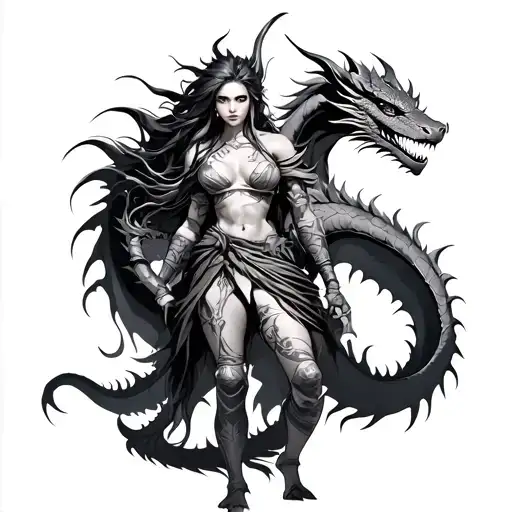 Dragon Wrapped With Female Warrior Standing