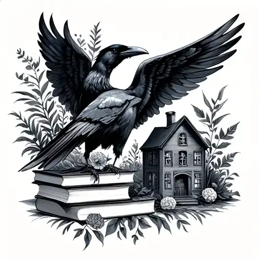 Raven Wings With Books And House Plants