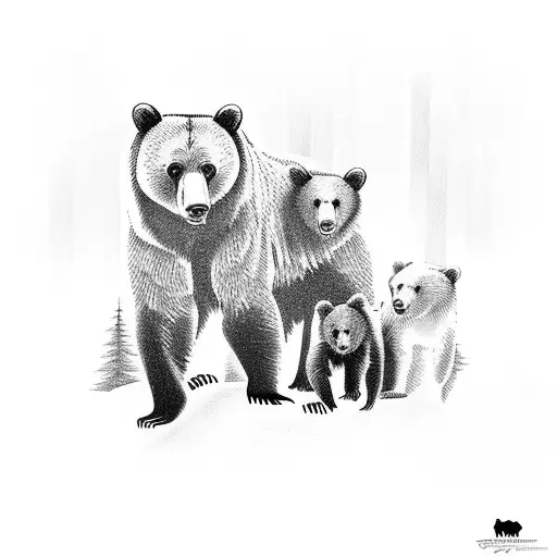 Bear And 4 Cubs In The Woods