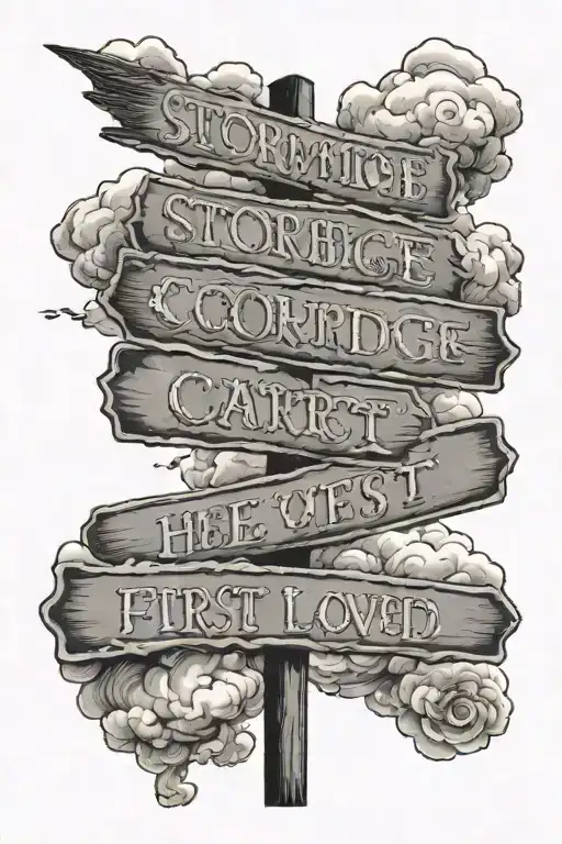 Stormbridge Court Street Sign With Clouds Surronding With We Love Because He First Loved Us