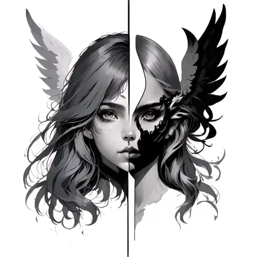 Anime Girl Split Face Design Angel And Demon Side