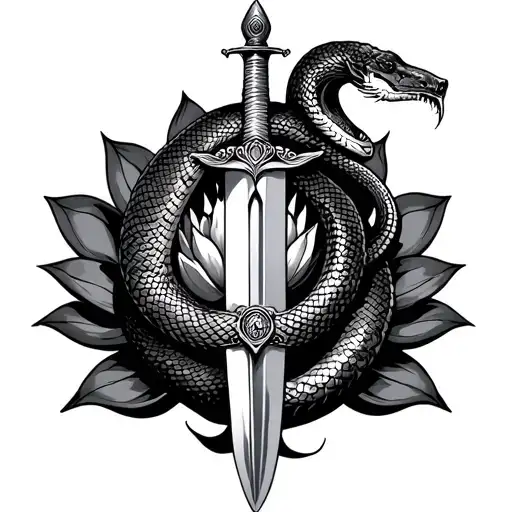 Snake Coiled Around A Sword In The Middle With Lotus In The Background