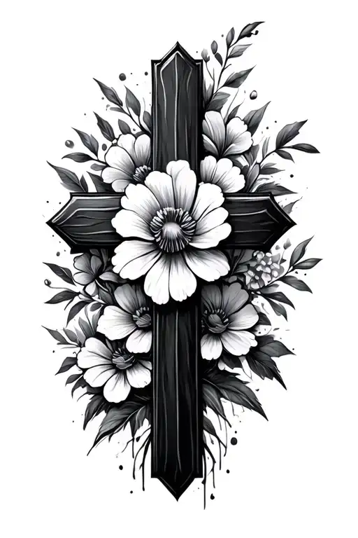 Cross Made Of Brush Strokes With Flowers Behind It From Top Right