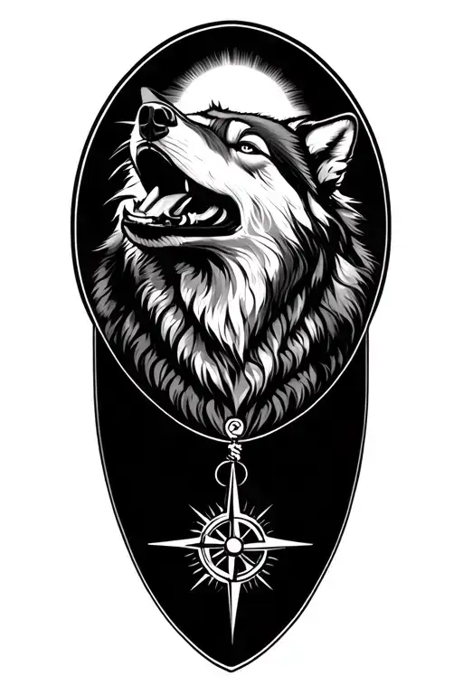 Wolf Howling And Compass In Nature