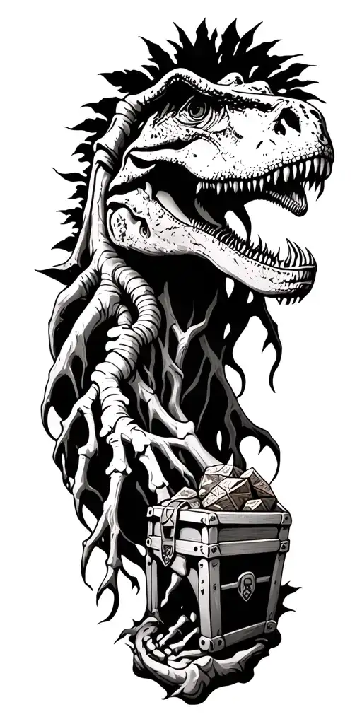 Make Me An Image Of A Tattoo With Tree Roots Dinosaurs Bones Treasure Chest And Treasure