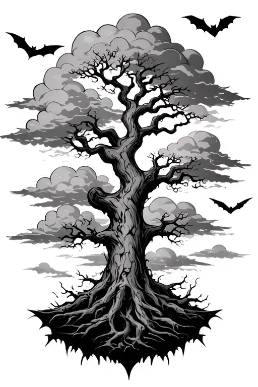 Posion Tree With Clouds Behind And Bats Flying At The Top And Bottom Of Tree