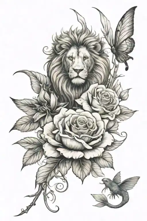Rose With Lion And Fish And A Fairy Hidden In The Drawing