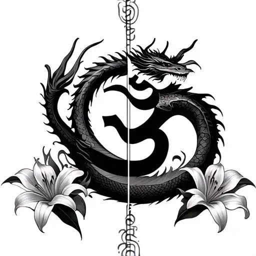 Dragon Vertically Wrapped Within A Om Symbol With Lilium Flowers Around It