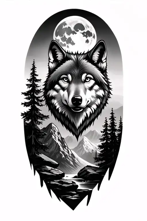 Tattoo Wolf Head Realistic Friendly Over A Mountain With Many Dark Rocks And Trees With Moon In Back