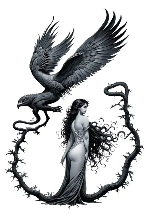 Mythical Phoenix Bird Rising From Vines Intertwined With Woman With Snake Like Hair