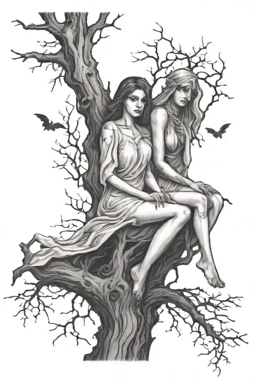 A Ghost And A Woman Sitting On A Tree Branch