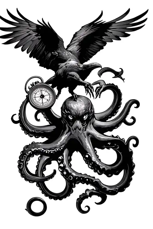 Flying Raven Attacking A Kraken Holding A Compass