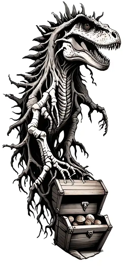 Make Me An Image Of A Tattoo With Tree Roots Dinosaurs Bones Treasure Chest And Treasure