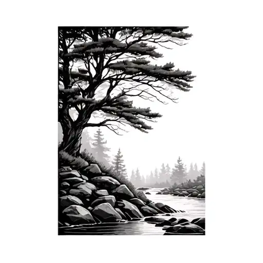 Forest With Tree And Bushes At Edge Of Rocky Stream