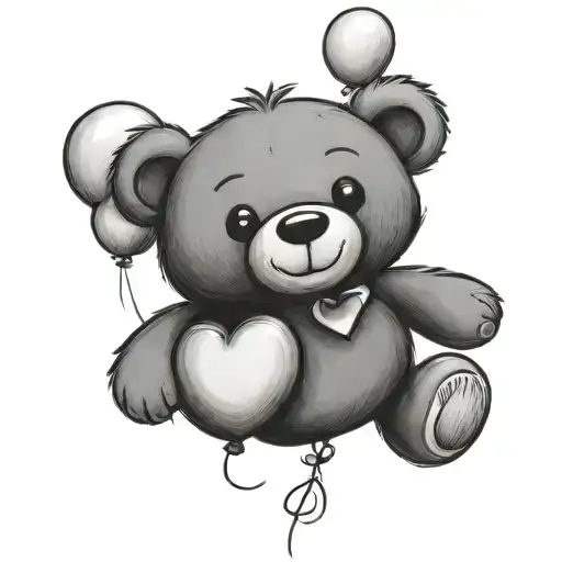 A Black-grey Tattoo Of A Teddy Bear Holding A Heart Balloon