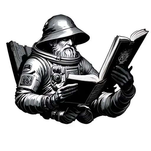 A Wizard Reading A Book In The Space With Astronaut Suit Upside Down