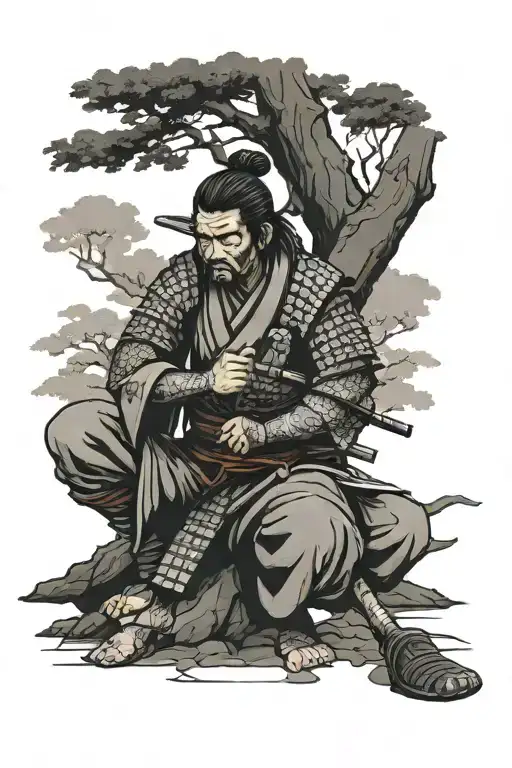 Samurai Kneeling Under A Tree
