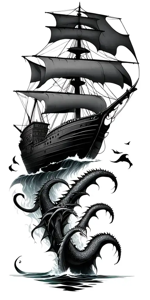 Priate Ship At Sea With Sea Monsters Below