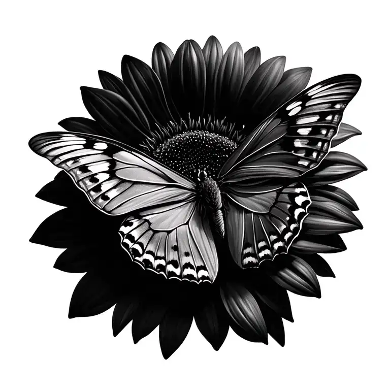 Realistic Butterfly And Sunflower In Black And Whiteno Background