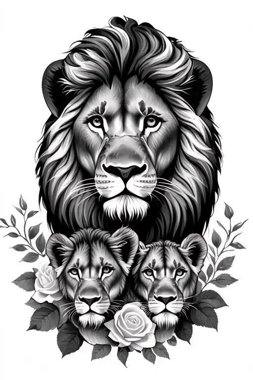 1 King Lion With 2 Lioness And With 2 Cubs With Roses