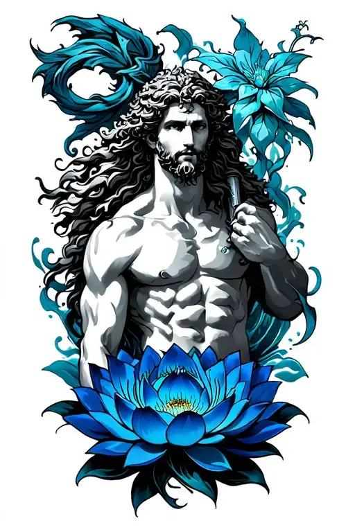 Poseidon The Greek God With Blue Lotus In One Tattoo Aggressive And Wild